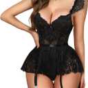 Women Lingerie Set Naughty Lace Bodysuit Underwire Babydoll with Garter Corset rave outfits (Small, Black)