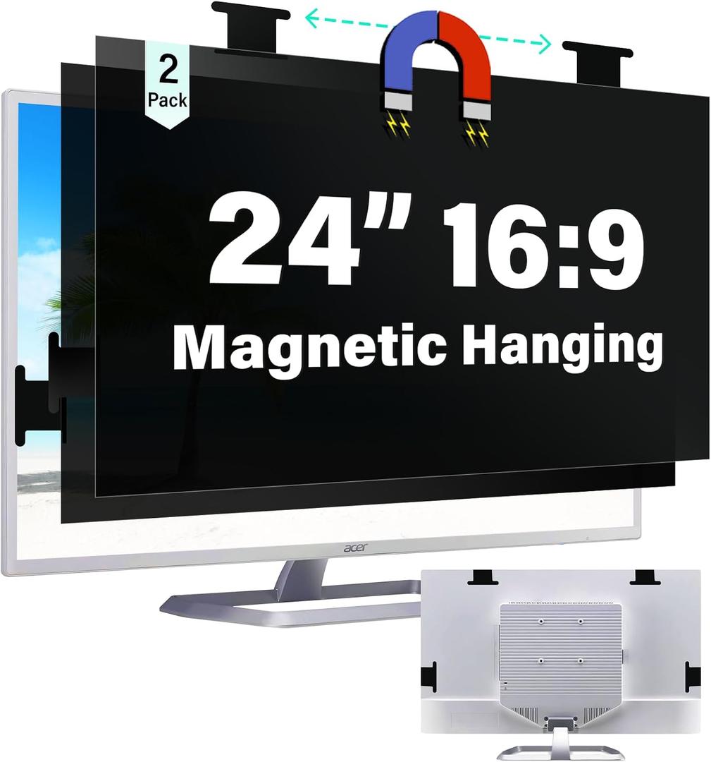 [2 Pack] Magnetic 24 Inch Computer Privacy Screen for 16:9 Aspect Ratio Widescreen Monitor, Anti Spy Hanging Removable 24 in Protector Film, Anti Glare Blue Light Computer Monitor Privacy Filter