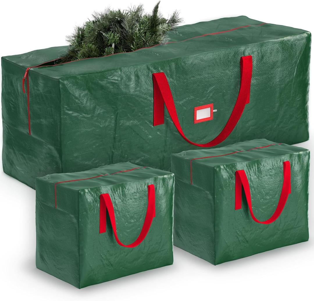 ZOBER Christmas Tree Storage Bag - With 2 Ornaments Accessories/Garland Bags - Fits 9 Ft Trees - Plastic, Waterproof Christmas Tree Bag For Storage Box For Xmas - Strong, Durable Handles - Green