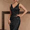 Elegant Long Sequin Formal Dress V-Neck Slit Design, Stretchy Fitted Glamorous (Black, XL)