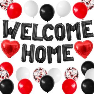 Welcome Home Decorations Black Red,Welcome Home Foil Balloon Banner with Confetti Balloons,Red Heart Balloons for Housewarming Baby Shower Home Family Party Supplies