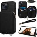 Keallce Case for iPhone 14 6.1'' Case Wallet, Crossbody Zipper Purse with RFID Blocking Card Slots Kickstand, Detachable Lanyard & Handstrap Flip Folio Leather Phone Cover for iPhone 14, Black
