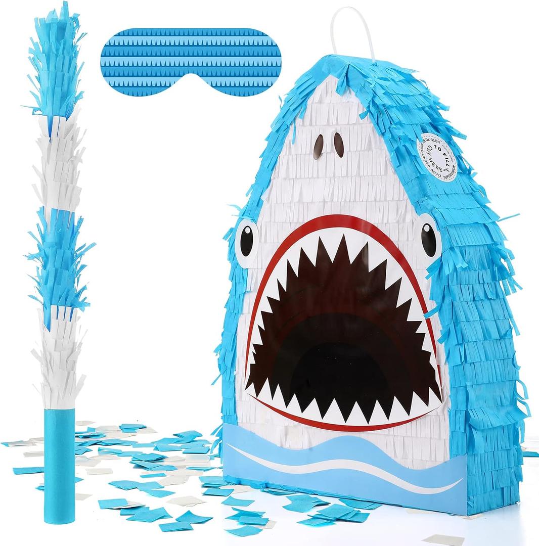 Libima Small Shark Piata 16.5 Inch Piatas for Birthday Party Decorations Shark Themed Party Supplies with Piata Blindfold and Bat for Kid Adult