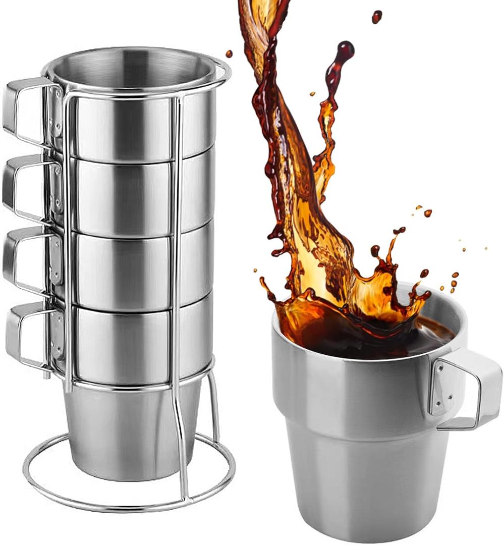 Yummy Sam 4PCS 10oz Stainless Steel Mug Set with Handle, Stackable Camping Coffee Mugs, Insulated 300ml Double Wall Coffee Cups with Rack Cappuccino/Latte Mugs Latte Cup (Silver)
