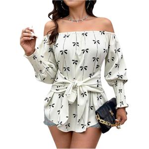 SOLY HUX Women's Bow Print Off The Shoulder Tops Tie Front Lantern Long Sleeve Blouse Shirt (S)
