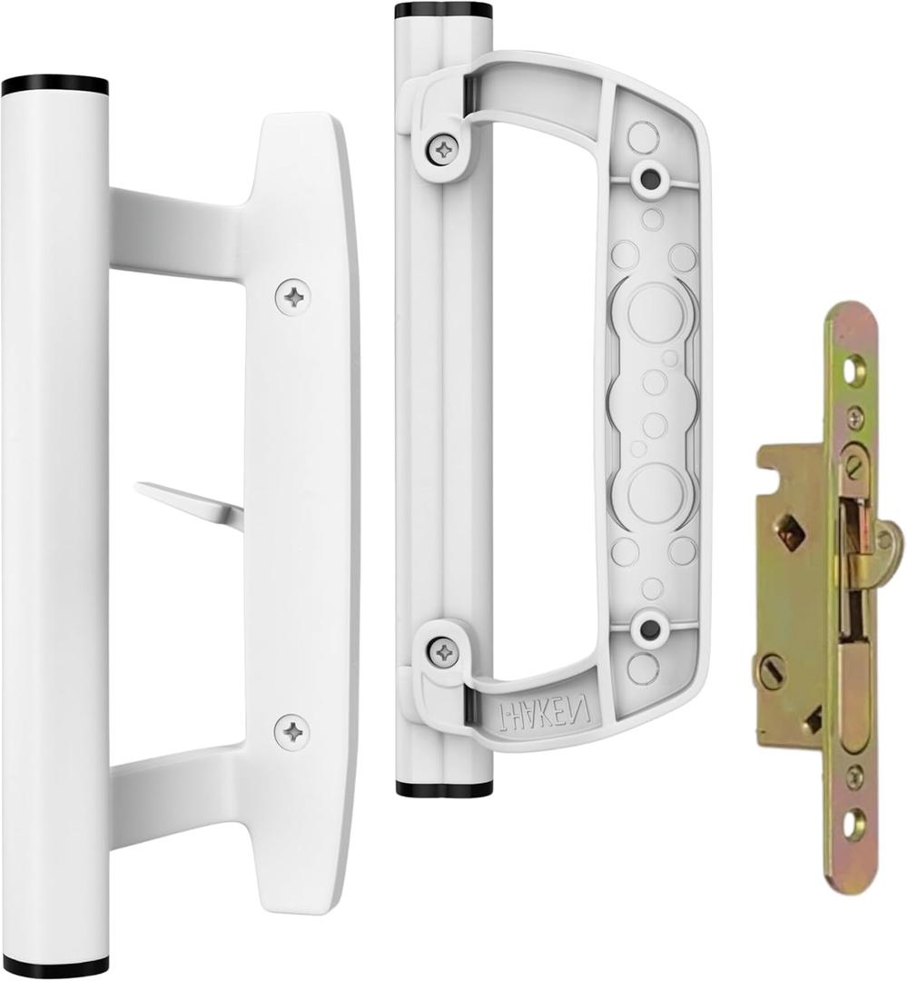 Sliding Glass Door Handle Set  Aluminum Handle, Mortise/Hook Style, Fits 3-15/16 in. Hole Spacing (White Handle with Mortise Lock- No Key)