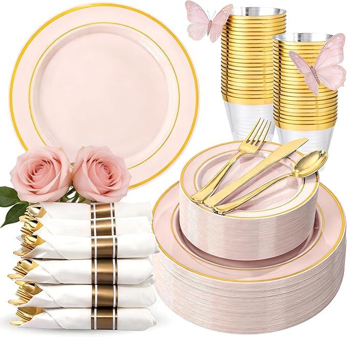 WDF Partyware 350PCS Pink Disposable Plates - Pink Plastic Plates 50Guests Plastic Dinnerware Sets with Rolled Napkins for Wedding/Birthday/Baby shower/Mother's Day