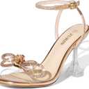 ZURIN Women's Rhinestone Bow Heels Square Toe Clear Heeled Sandals Slingback High Heels Dress Party Evening Prom Crystal Shoes (8, Champagne Gold Pu)