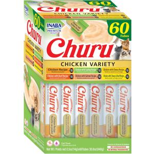 INABA Churu Cat Treats, Grain-Free, Lickable, Squeezable Creamy Pure Cat Treat/Topper, 60 Servings, Chicken Variety Box (0.5 Ounce (Pack of 60)), BB Date: 11/08/2025