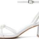 FUTJRNEY Women's Bow Strappy Heels Block Chunky Square Open Toe Low Heels Dress Sandals for Wedding Party(7,White)