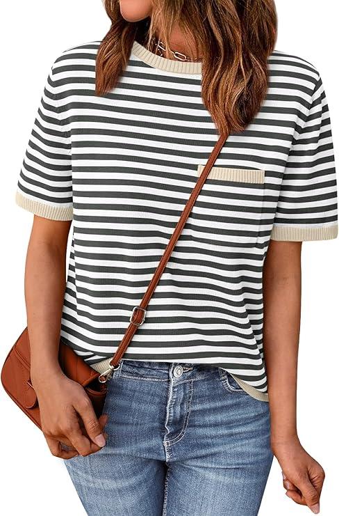 LILLUSORY Womens Striped Short Sleeve Sweater Pullover Shirts with Chest Pocket S