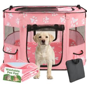 Homimp Portable Pet Playpen for Indoor Cats & Puppies, Foldable Dog Playpen Outdoor Tent Crate Cage with Pee Pad & Carry Bag, Pet Crate with Mesh Sides for Small Animals Travel, Pink M