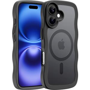 Hualele Magnetic for iPhone 16 Case, Compatible with MagSafe, Military Grade Dropproof Translucent Matte Back Cute Curly Wave Edge Slim Phone Case for iPhone 16, Black