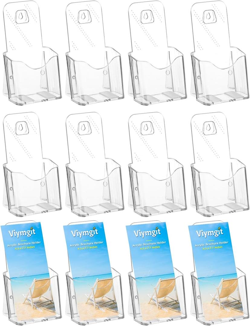 Brochure Holder Stand, 12 Pack 4 inches Acrylic Pamphlet Display Stand Wall Mount/Countertop, Clear Plastic Trifold Rack Card Holder for Organizer Flyer, Leaflets, Document, Literature