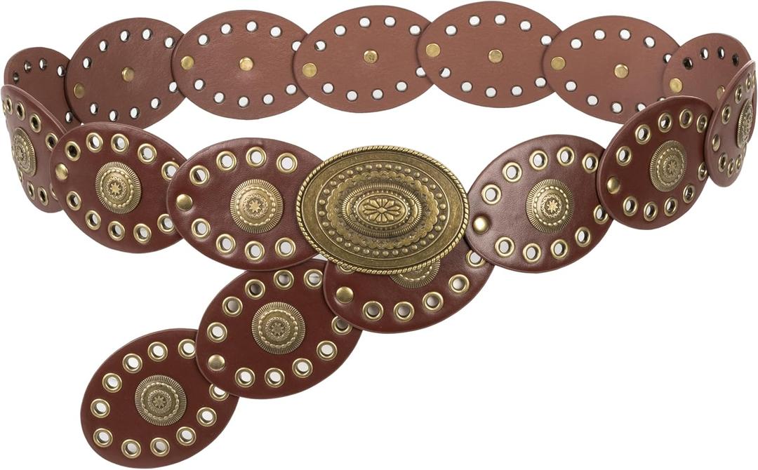 Wide Disc Belt for Women - PU Leather Hollow Out Round Belts Vintage Western Cowboy Cowgirl Waist Belt (Dark Brown)