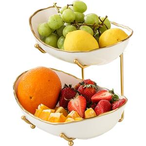 2 Tier Ceramic Fruit Bowl for Kitchen Counter, Tiered Fruit Basket for Countertop, Modern Multi Layer Fruit Display Stand for Party, Cute (Gold-rimmed, Small)