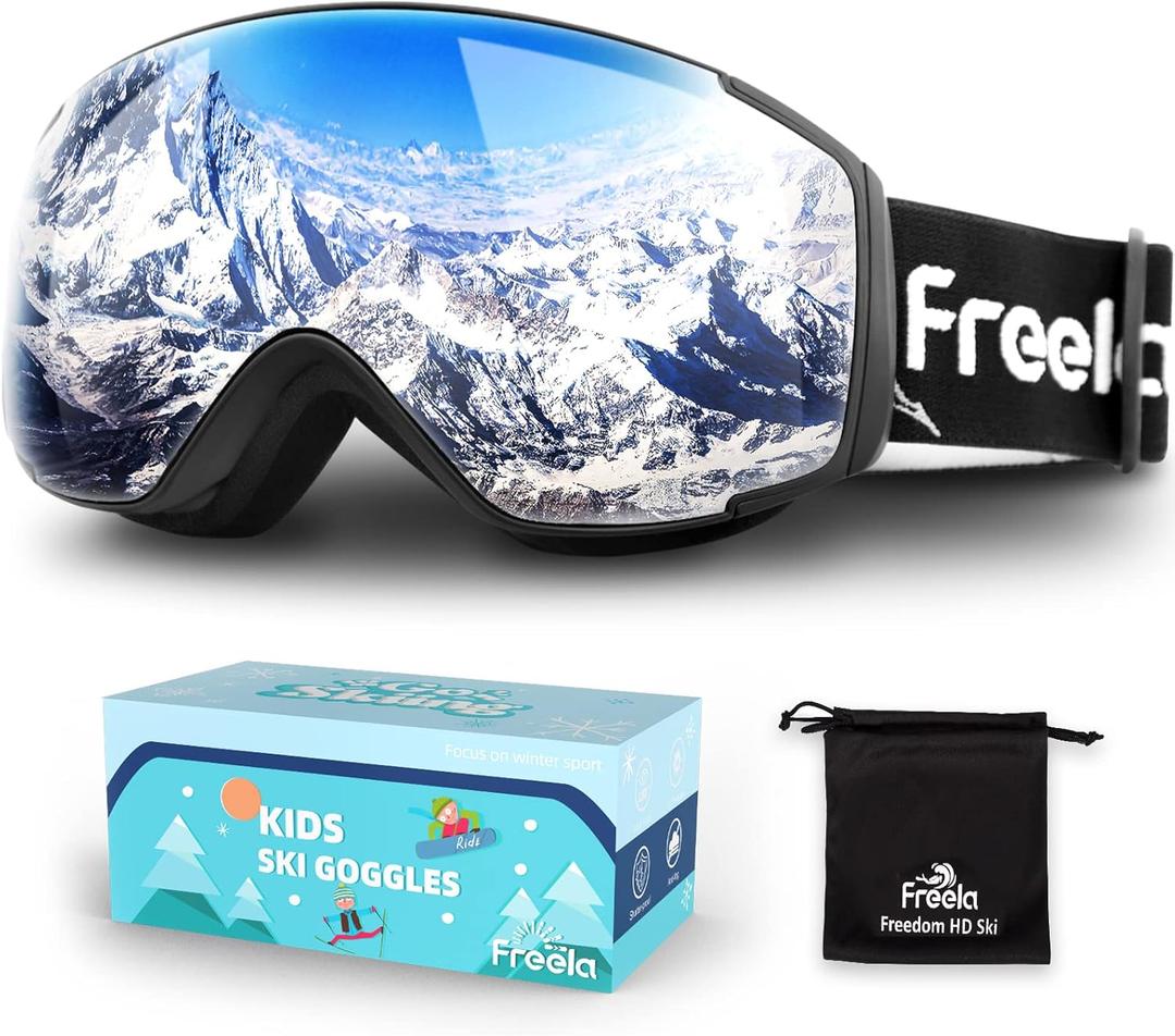 Freela Kids Ski Snowboard Goggles for Toddler(3-14) Youth Anti Fog Anti UV Goggles Girls Boys Snow Skiing Equipment (Silver Lens 10% Vlt)