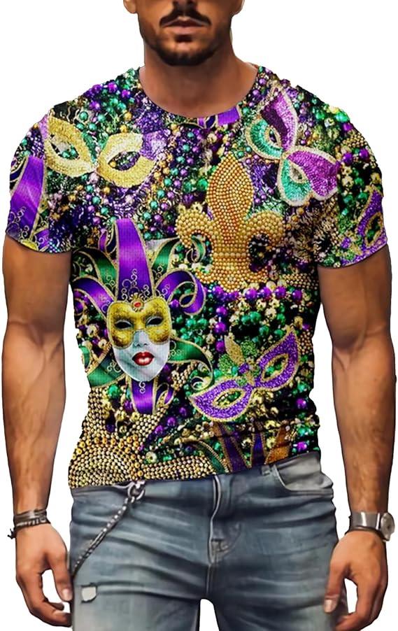 Mardi Shirt for Men Glitter Mask Graphic Festival T Shirt Tuesday Carnival New Orleans Party Tee Tops (M)
