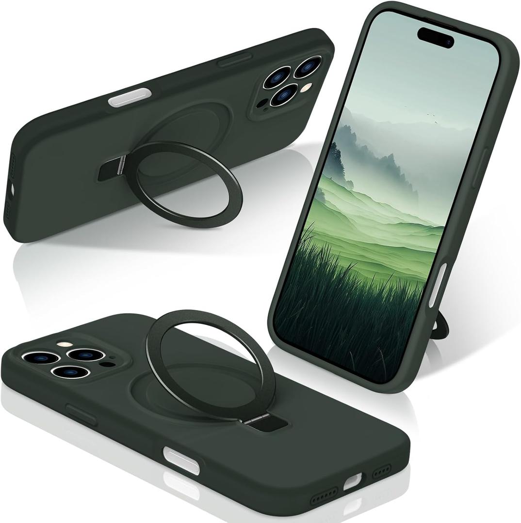STERKER Designed for iPhone 16 Pro Max Case Silicone with Magnetic Stand Ring Holder [Compatible with Mag-Safe][Soft Anti-Scratch Microfiber Lining] Protection Phone Case, Green