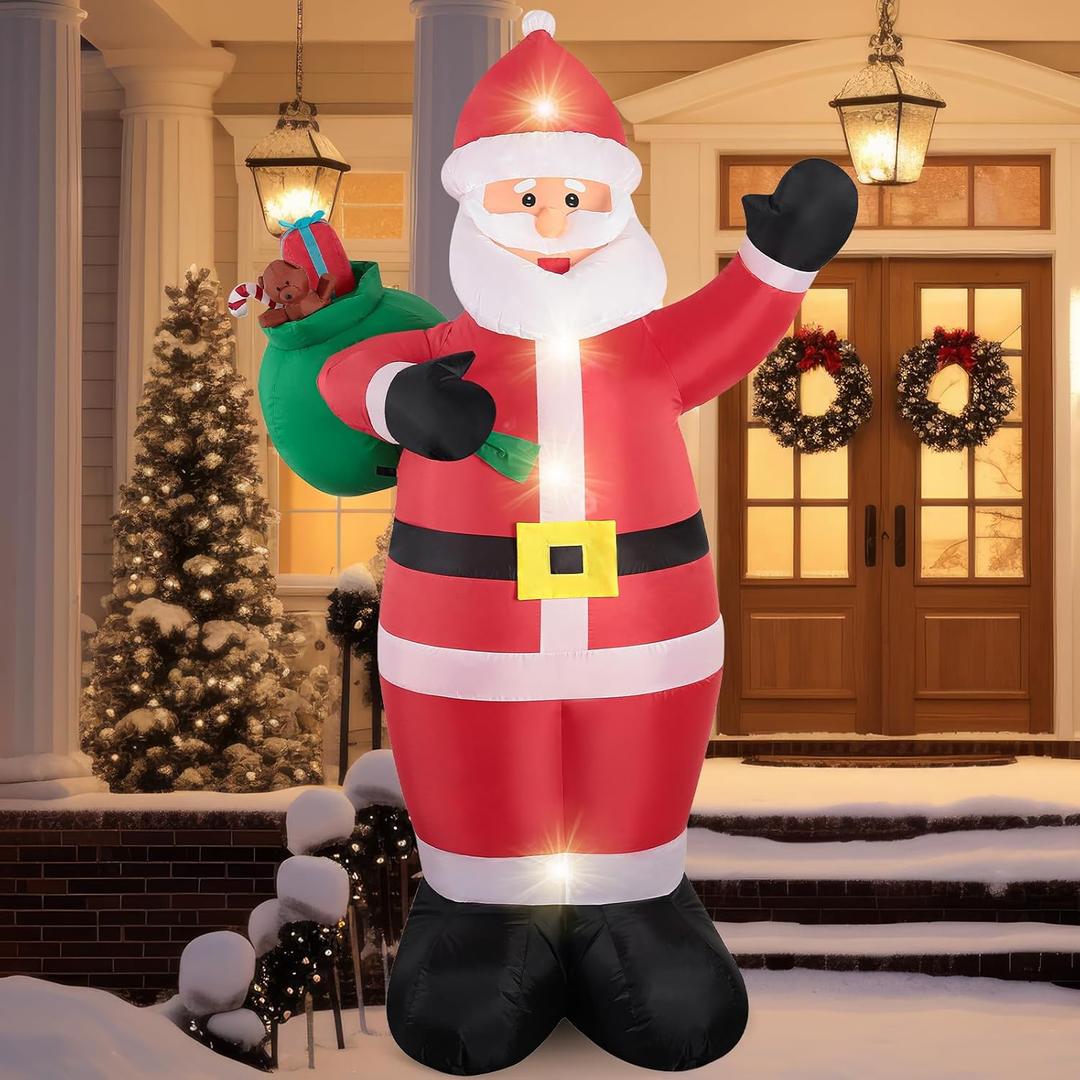 Christmas Inflatable Santa Outdoor Decorations: 8 FT Santa Claus With Green Gift Bag-Decor Built-in LED Lights, IP44 Weatherproof, Blow Up Yard Decoration for Christmas Holiday Garden/Yard Decorations