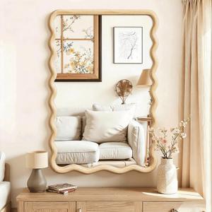 LAWADA Wavy Mirror for Wall, 30"x20" Boho Bathroom Vanity Mirror with Wooden Frame, Natural, for Bedroom, Living Room, Entryway