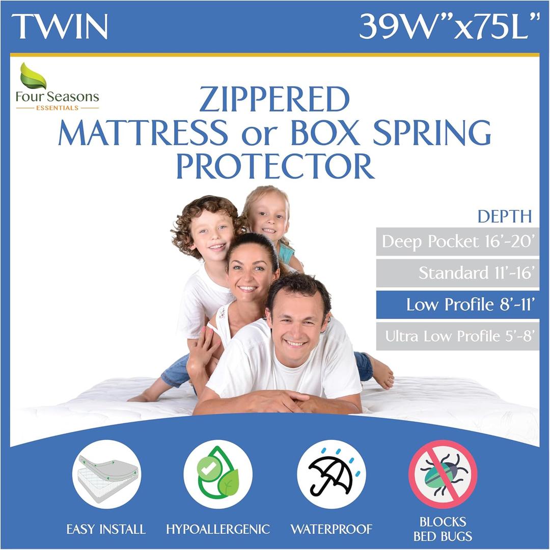 Twin Size Mattress or Box Spring Encasement (8"-11" Depth) Waterproof Zippered Protector Hypoallergenic Premium Single Size Bed Cover Protects from Dust White