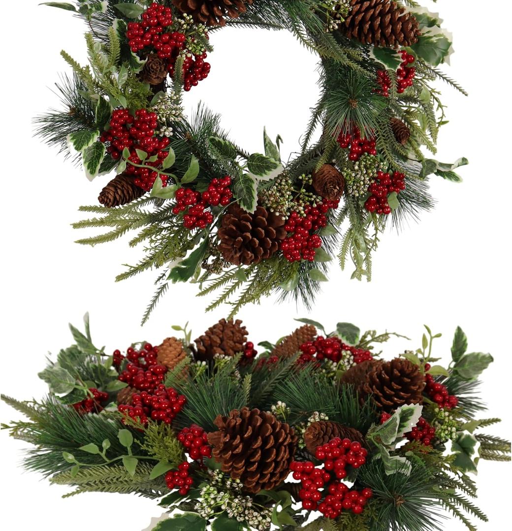 20 Inch Christmas Wreath for Front Door, Artificial Christmas Door Wreath with Pine Needle Holly Pine Cone Red Berry, Winter Snowy Xmas Wreath for Indoor Outdoor Wall Farmhouse Home Dcor
