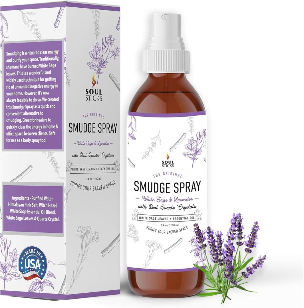 SOUL STICKS White Sage & Lavender Smudge Spray  3.5oz Smokeless Mist with Quartz Crystals  Calming Essential Oil Spray for Sleep, Stress Relief, Meditation, and Energy Cleansing