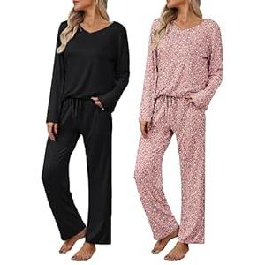 Ekouaer Womens 2 Pack Pajama Set Long Sleeve Pajamas Top and Pants V Neck Pjs Set Soft Loungewear with Pockets, Small