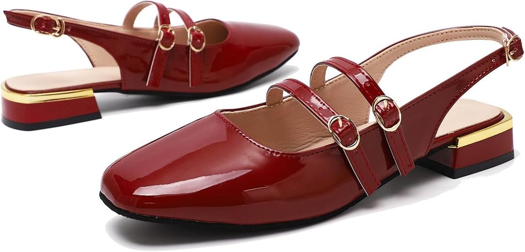 Womens Mary Jane Slingback Pumps Low Heels Sandals Chunky Block Pumps Comfortable Heels Closed Square Strappy for Office Work Casual Wedding Party Shoes Business Dressy Shoes
