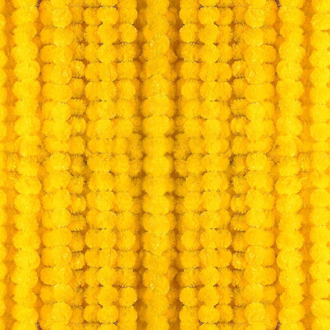6 PC - 5 Feet Marigold Garland Indian American Wedding Party Mantle Decoration, Dia de Los Muertos Faux Garlands Diwali Decoration, Spring Bush Floral Yellow