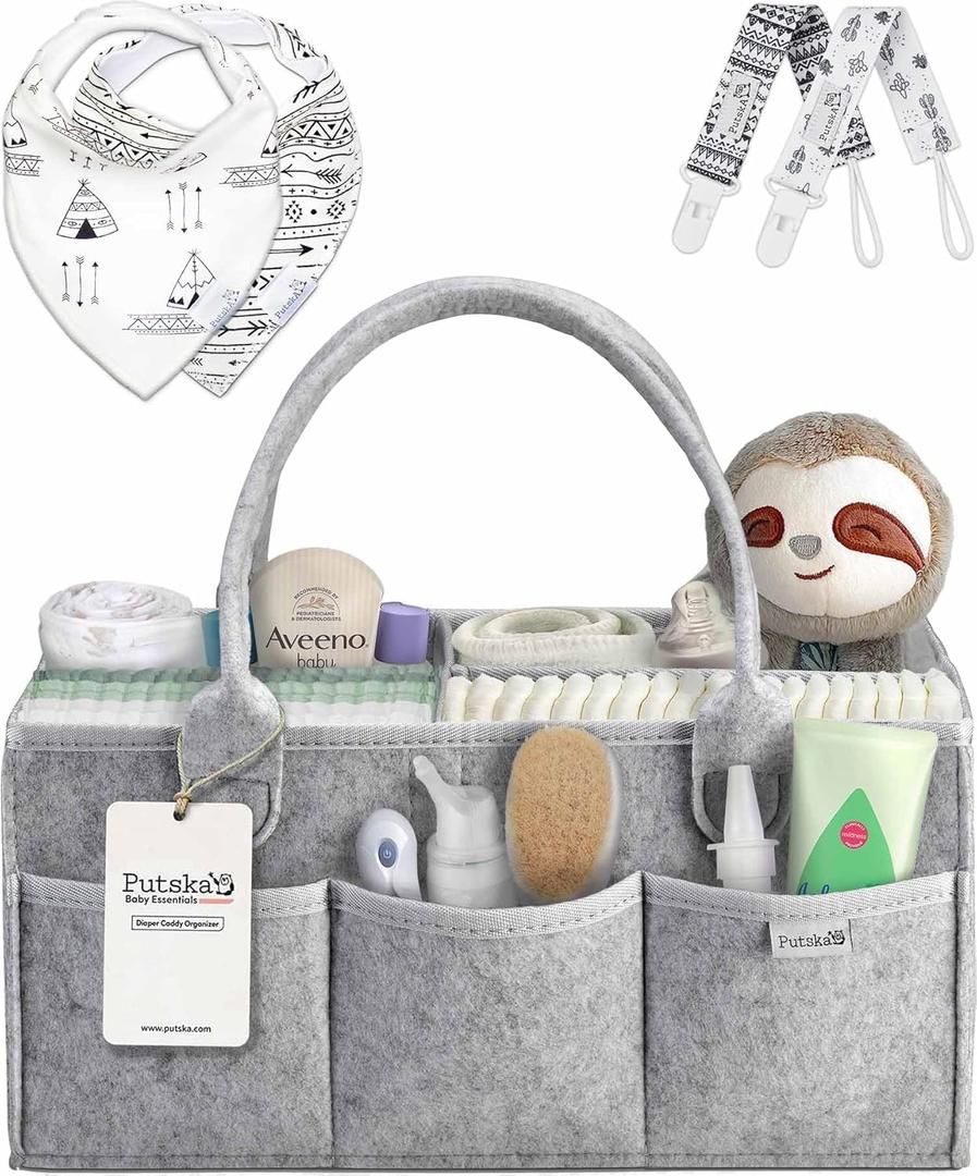 PUTSKA Baby Diaper Caddy Organizer Nursery Basket Set Baby Basket Gift Registry Baby Shower List Baby Must Haves Essentials Neutral Baby Stuff For Newborn (Large, Grey Set)