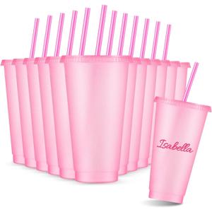 Amyhill 12 Pcs Reusable Glitter Cups with Lids and Straws 24 oz Plastic Tumbler Iced Coffee Cup Travel Mug for Smoothie Juice Sleepover Wedding Graduation Party Supplies Girl(Light Pink)