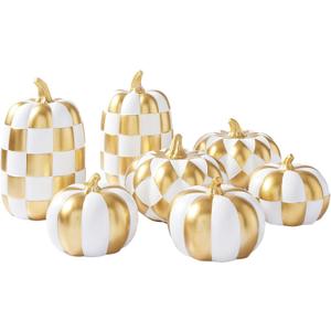 WDS WONDROUS 7PCS Fall Pumpkin Decor Thanksgiving, White and Gold Checkered Pumpkin Decorations for Home, Modern Fake Pumpkins for Farmhouse & Front Porch Decor, Dining Table Centerpiece