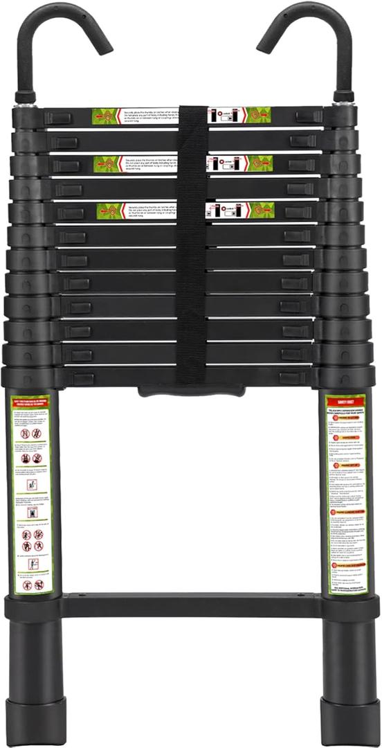 RIKADE Telescopic Ladder, 16.5 ft Aluminum Telescoping Ladder with Non-Slip Feet and Stable Hook, Portable Extension Ladder for Household and Outdoor Working, Max Load 330 lb, Black
