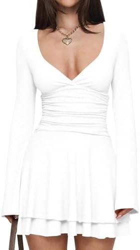 Misng Women's Sexy V Neck Ruffle Hem Mini Dress Long Sleeve Ruched Waist Short Party Dress S/M, White 