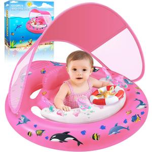 Baby Pool Float with Canopy UPF50+ Sun Protection, Inflatable Kids Pool Floats with Toy Play Console for Baby 6-36 Months, Infant Swimming Float with Adjustable Safety Seat for Boys Girls