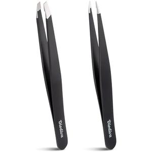 2-Pack Tweezers for Eyebrows, Facial Hair, Ingrown Hair Removal, Slant and Point Tip Tweezer Set for Women and Men, Professional Stainless Steel Precision Eyebrow Plucking Grooming with Case - Black