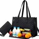 Lunch Tote Bag for Women 17.3 Inch Laptop Bag with Insulated Lunch Compartment Leather, Quilted Computer Tote, Quilted Work Bag for Office, Teacher, Commuter (Black)