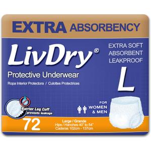 LivDry Adult Incontinence Underwear, Extra Absorbency Adult Diapers, Leak Protection, Large, 72-Pack