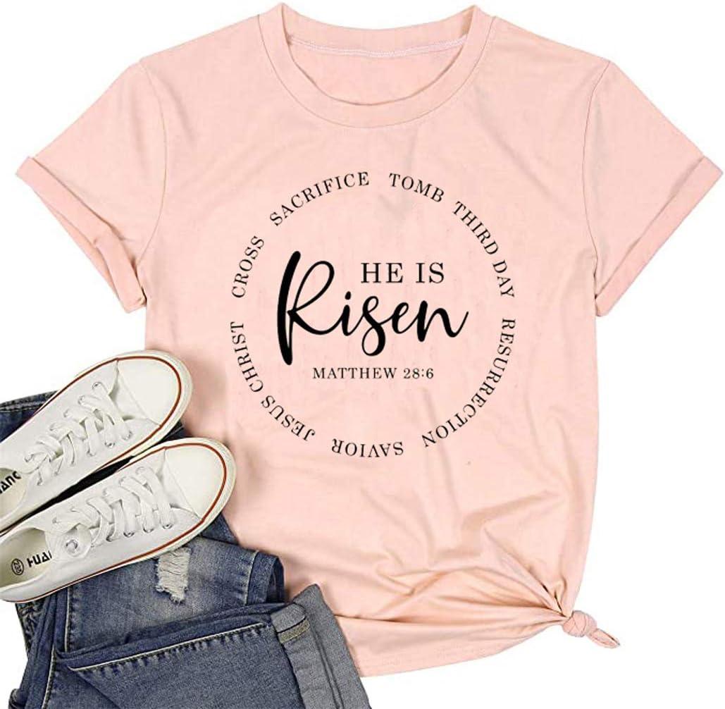 He is Risen Shirt Women Jesus Christian Easter Letter Print T-Shirt Easter Sunday Short Sleeve Tee Top (X-Large, Pink)