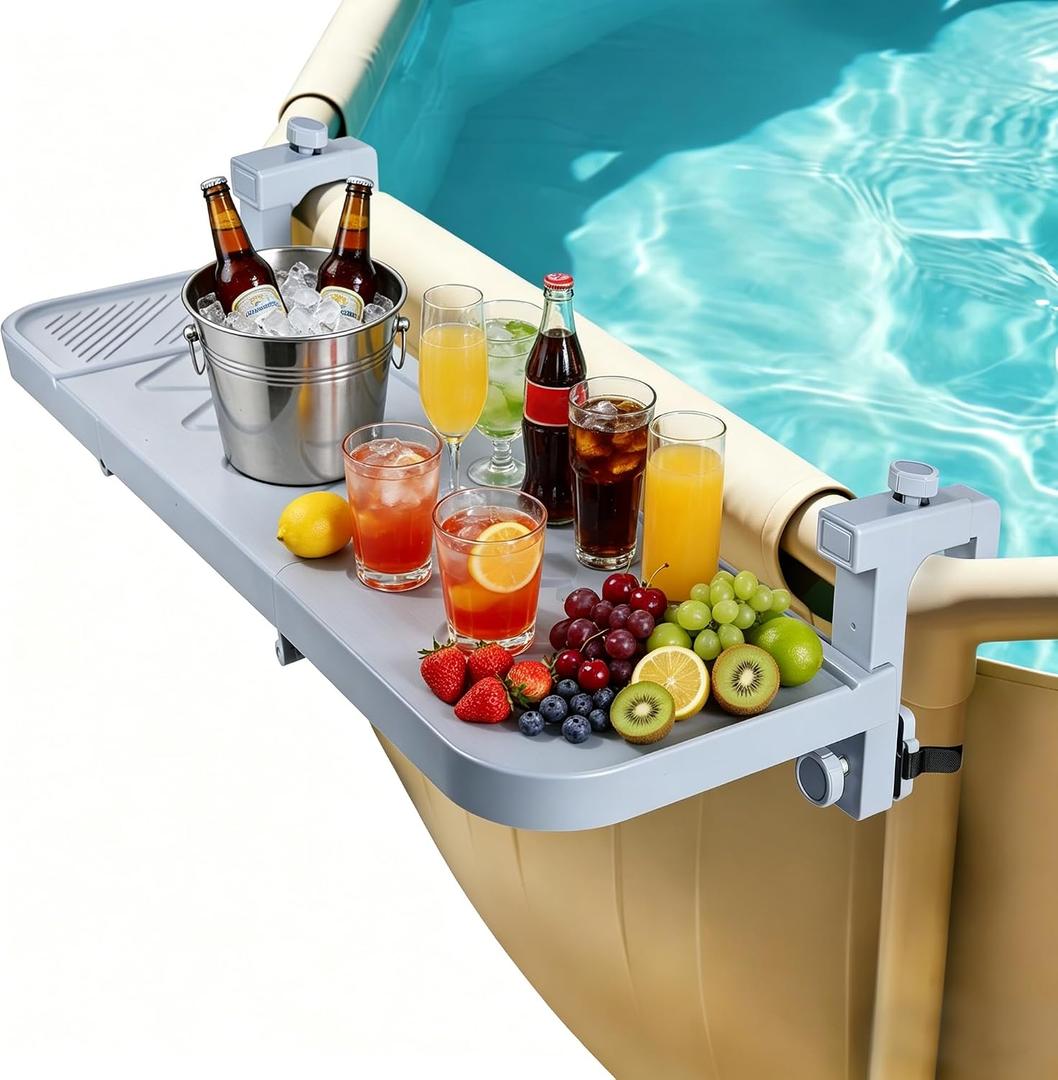 winemana Pool Bar for Above Ground Pool, 38.4 x 12 Inch Adjustable Poolside Table Foldable Swimming Pool Shelf Fits Round Oval Rectangle Frame Pools Outdoor Drink Tables for Deck Patio, Grey