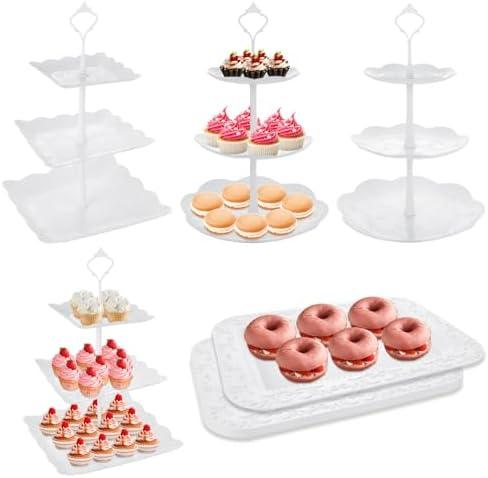 10 Pcs Cake Stand White Plastic Dessert Table Display Set 4 Pcs 3 Tired Cupcake Stand Cookie Tray Rack Serving Tray Cake Display Tower and 6 Pcs Dessert Trays for Wedding Baby Shower Tea Party