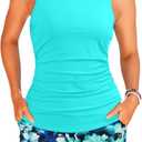 Tankini Swimsuits with Shorts - Two Piece Tummy Control Bathing Suits High Neck Swimwear with Two Side Pockets (Small, Aqua Floral)