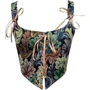 Dreay Womens Vintage Floral Print Grommet Lace Up Tie Front Corset Bustier Shapewear Top, 3XL
