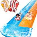 32.5FT Water Slide and 2 Inflatable Boards, Extra Long Double Lawn Heavy Duty Splash Mat Pad with Sprinkler for Kids Adults Backyard Summer Water Toy Outdoor Fun, Blue, Orange
