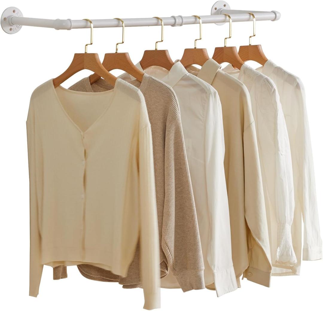 IBUYKE Industrial Pipe Clothes Rack, 37 Inch Wall Mounted Clothing Rack, Space-Saving Hanging Closet Rod, Heavy Duty Multi-Purpose Garment Rack for Closet and Laundry Room, White TYJ001W