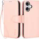 Arae Compatible with iPhone 16 Case Wallet with Card Holder, Wristlet Strap Wallet Flip Cover for iPhone 16 6.1 inch Men/Women, RFID Blocking, Kickstand, Litchi Pink