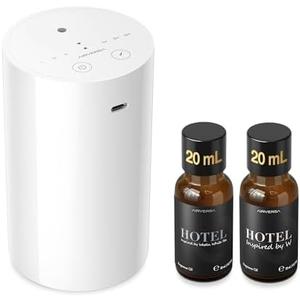 Airversa Waterless Essential Oil Diffuser Starter Kit with 20mL Hotel Fragrance Oils for Car Home Office, Up to 600 sq ft, Cordless Nebulizer Baterry Operated, Mist & Timer Settings AN8Kit-C, White