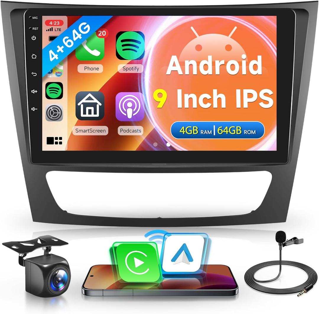 4G+64G Android Stereo Radio Carplay for Mercedes Benz E Class W211 E200 CLS E320 E500 E350 W219 2002-2010, Rimoody 9 Inch Touchscreen GPS Bluetooth FM EQ WiFi Android Auto Backup Camera